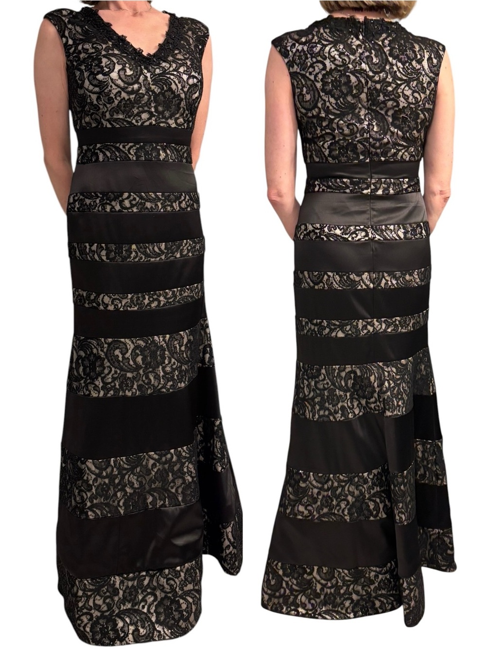 Jax Black Lace panel trumpet Evening Gown with some stretch Size 4-6